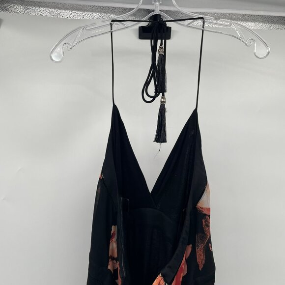 WHBM Floral Hi Low Slip Dress Halter Tie Neck Black/Multi Size 12 Tassels - Picture 3 of 8